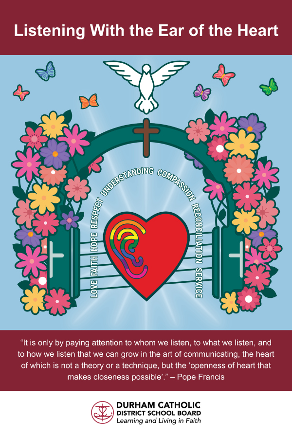 Headphones with colourful flowers surrounding them. In the centre is a red heart with a rainbow ear. Text around the heart reads love, faith, hope, respect, understanding, compassion, reconciliation. A brown cross and a white dove hover over the headphones